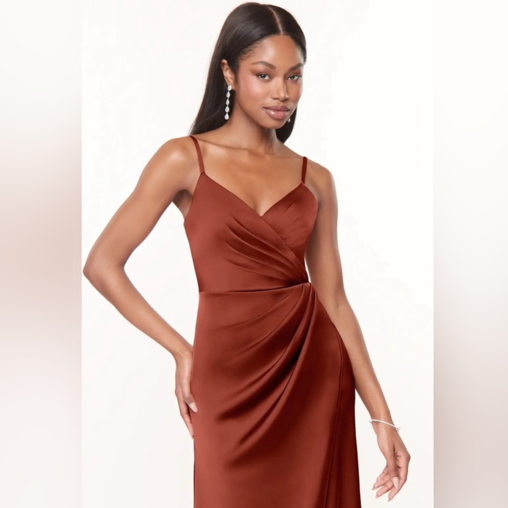 AZAZIE MACI Terracotta A-Line V-Neck Pleated Stretch Satin Dress